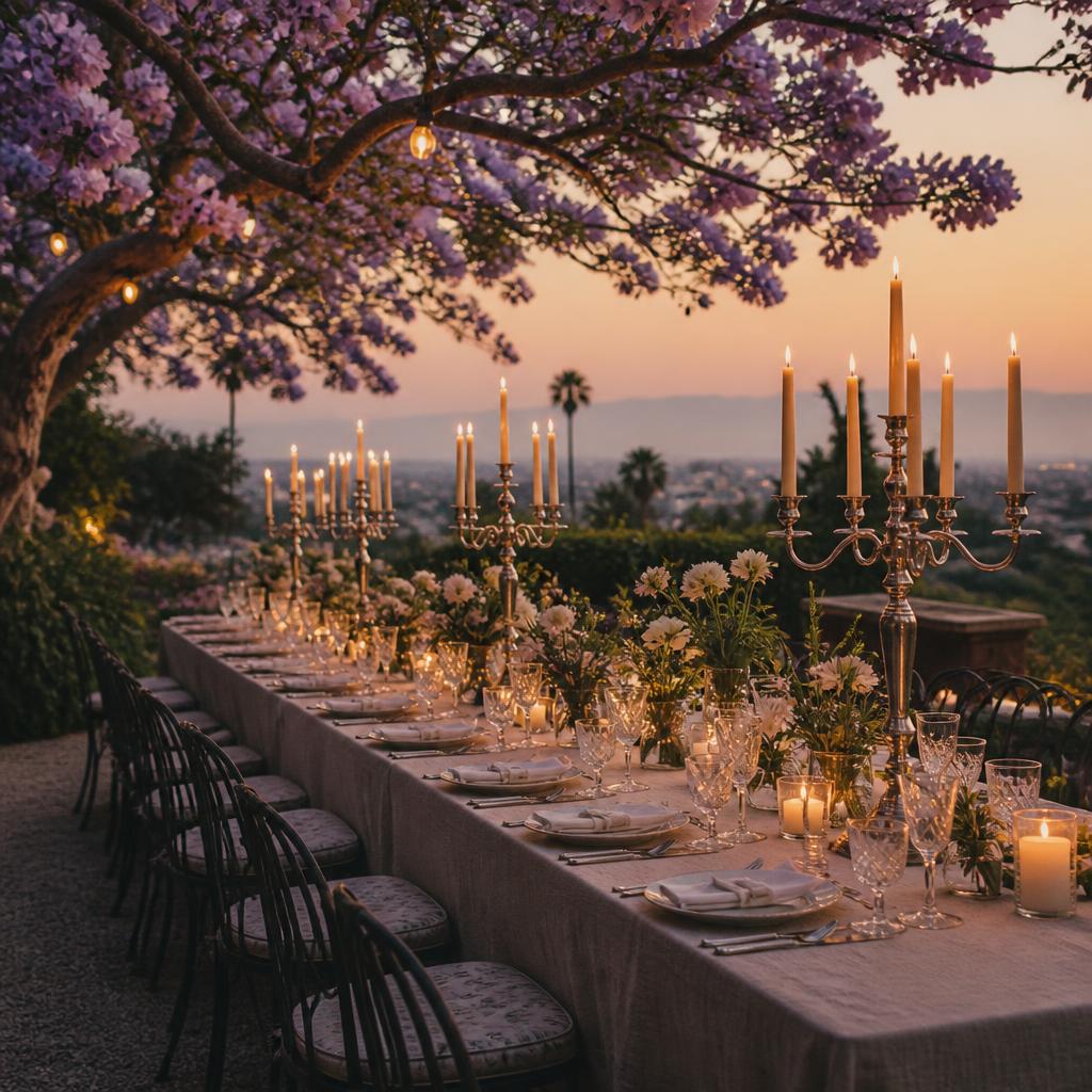 A long private dinner table under jacarandas at dusk