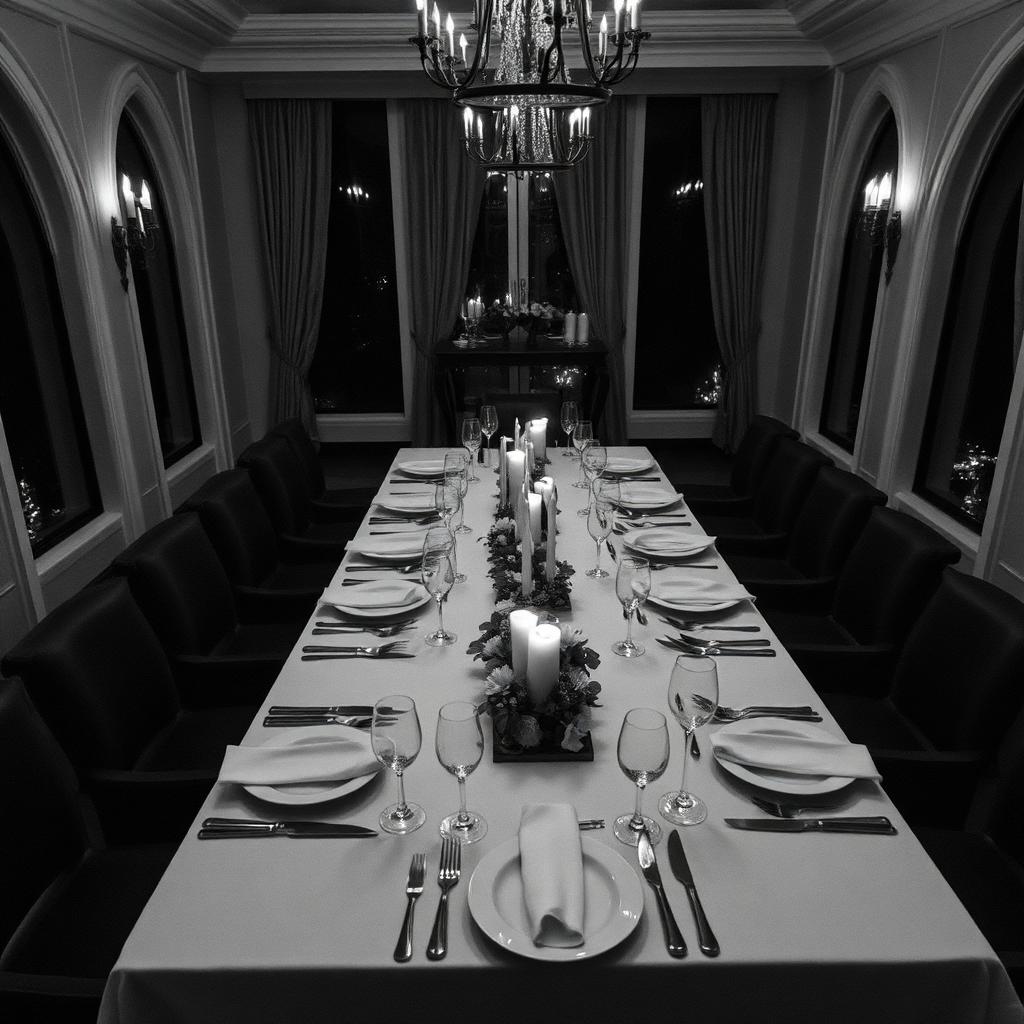 An abandoned private dining table, candles low, chairs pulled back