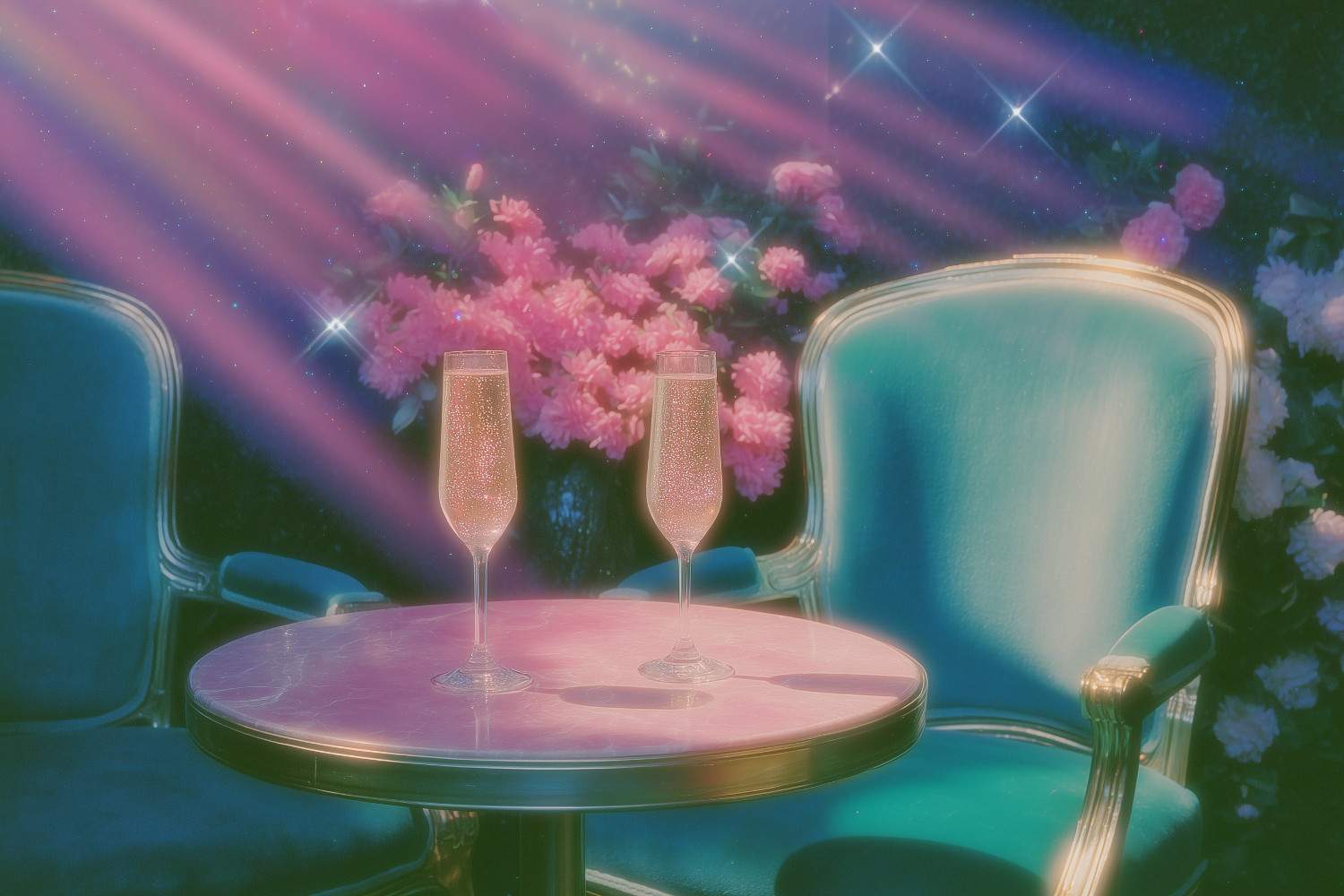 A red banquette, two half-empty champagne coupes, and a crystal ashtray