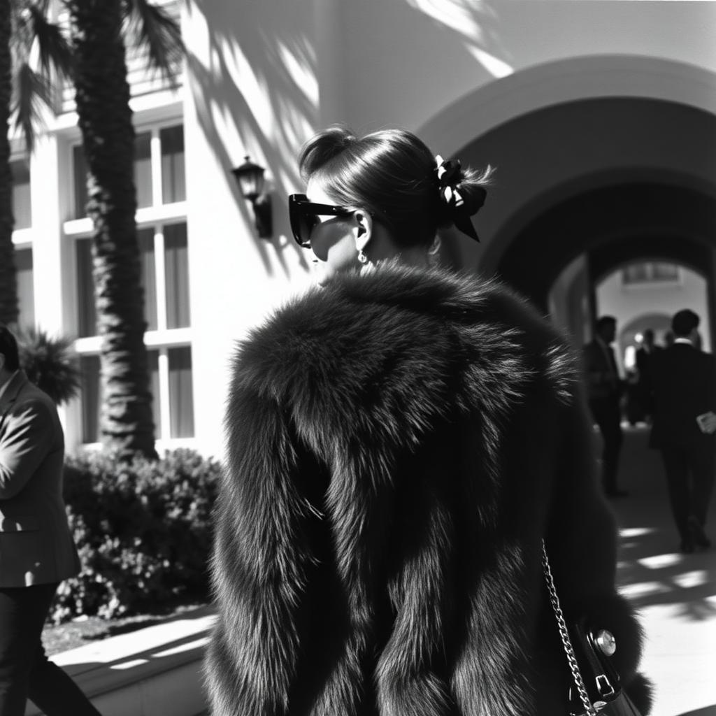 Back of a chic woman in a fur coat walking into the Beverly Hills Hotel
