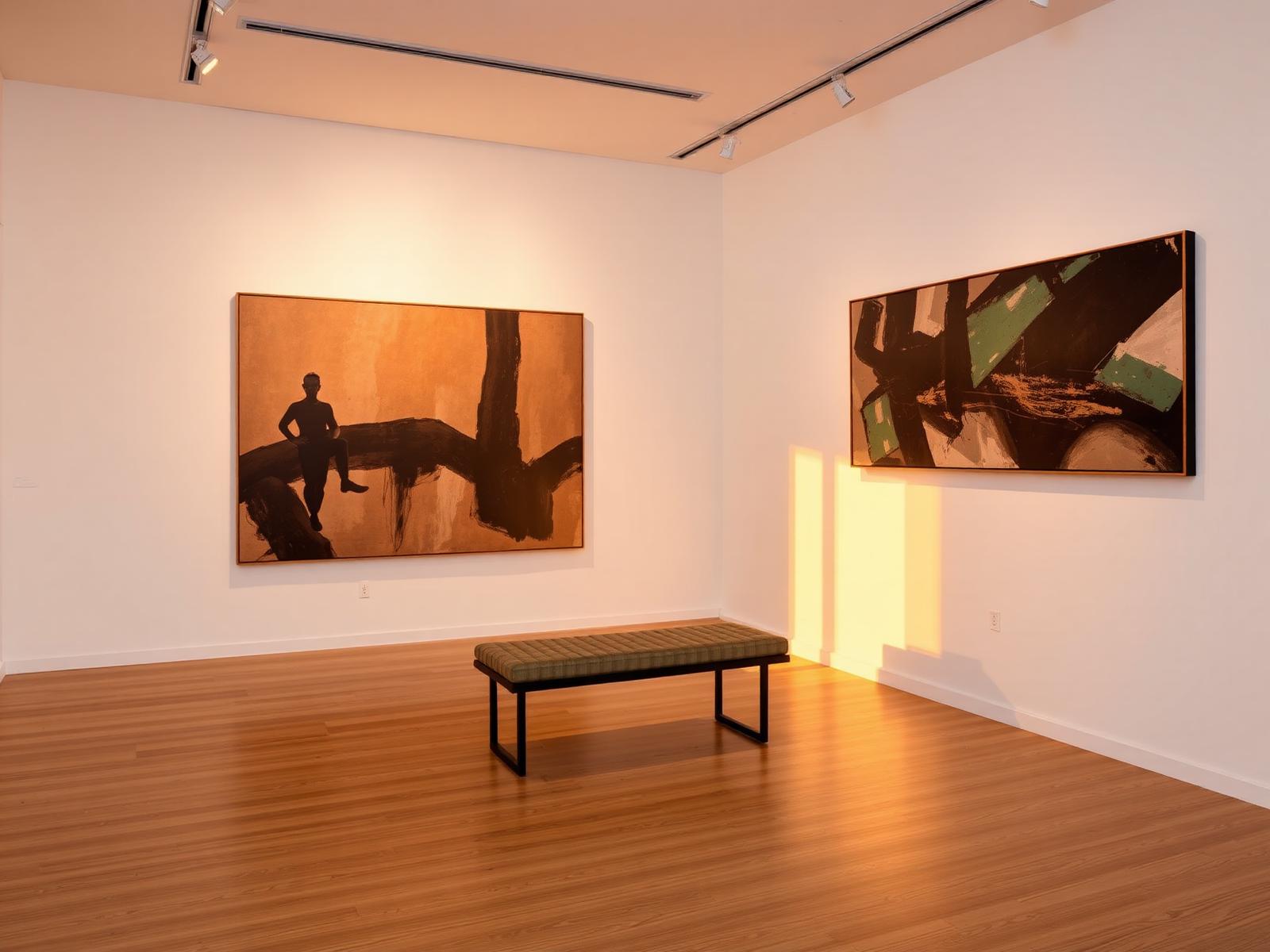 A private Beverly Hills gallery at dusk with two large abstract paintings and a minimalist bench