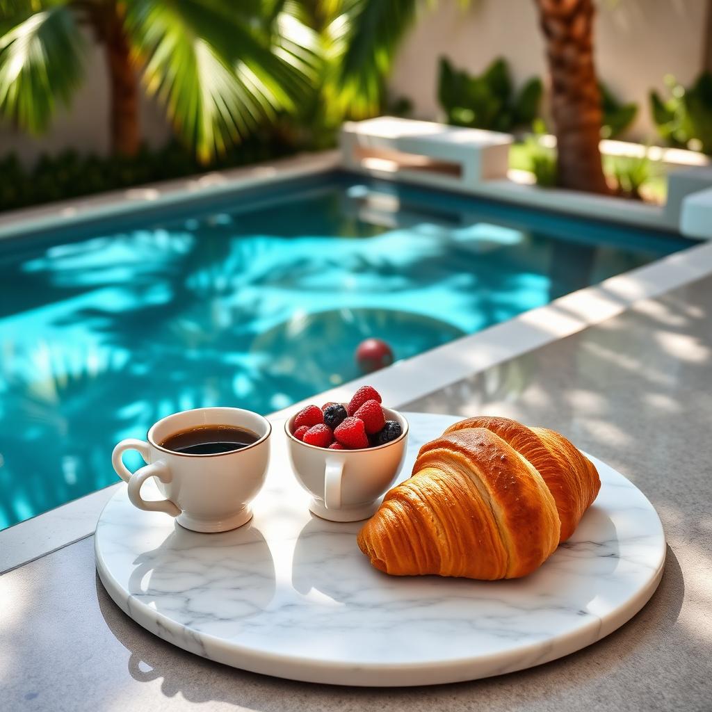 Marble trays and cold espresso by a pool