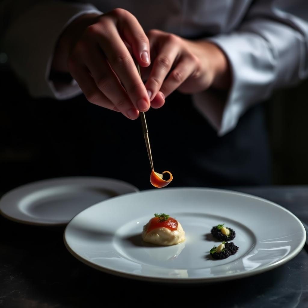 A chef plating a delicate tasting-menu course