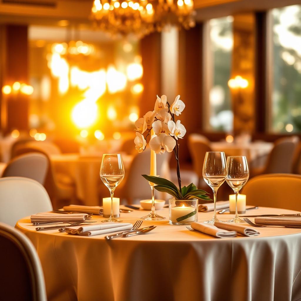 A candlelit round dining table in a Beverly Hills restaurant at golden hour
