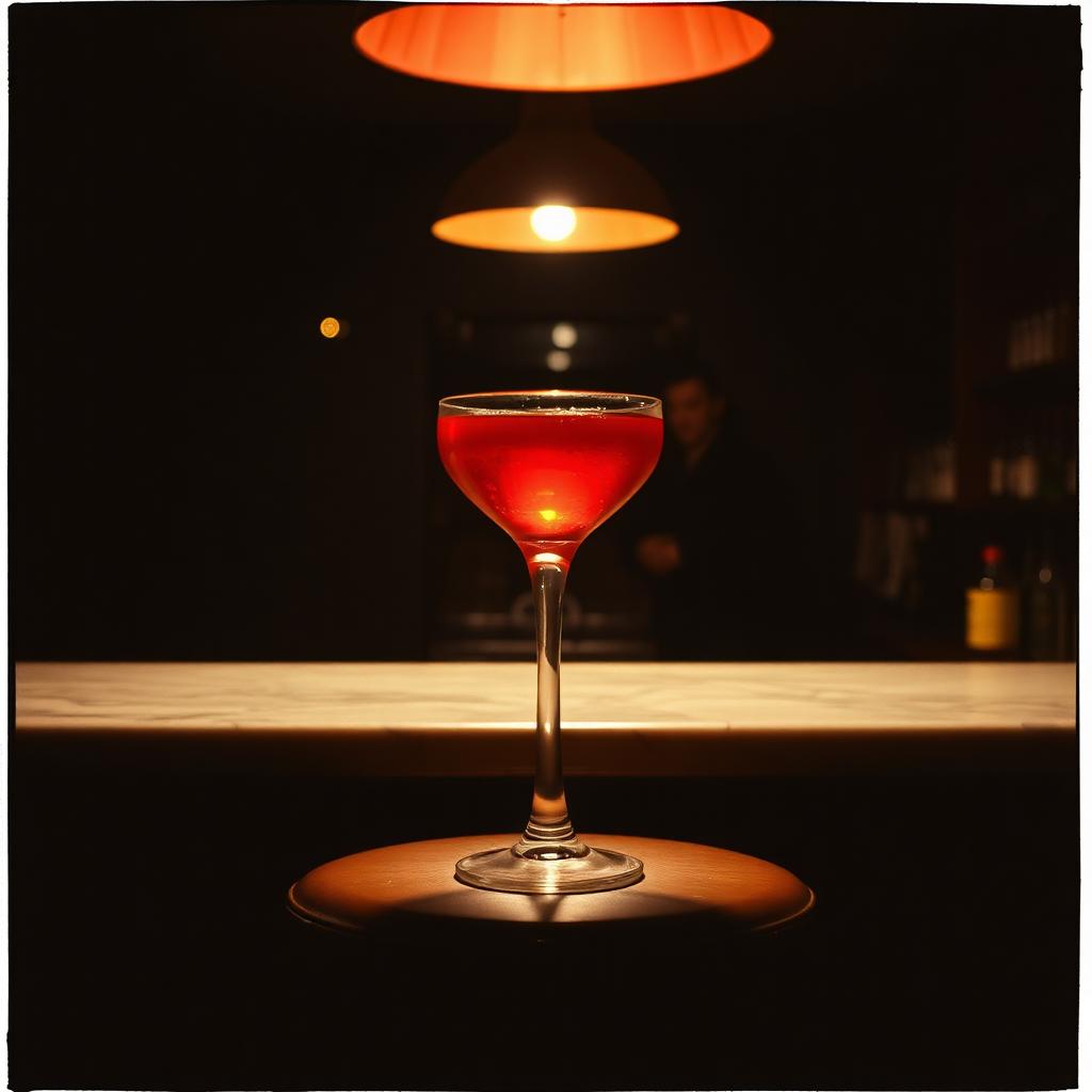 A low-lit bar with a single late-night drink