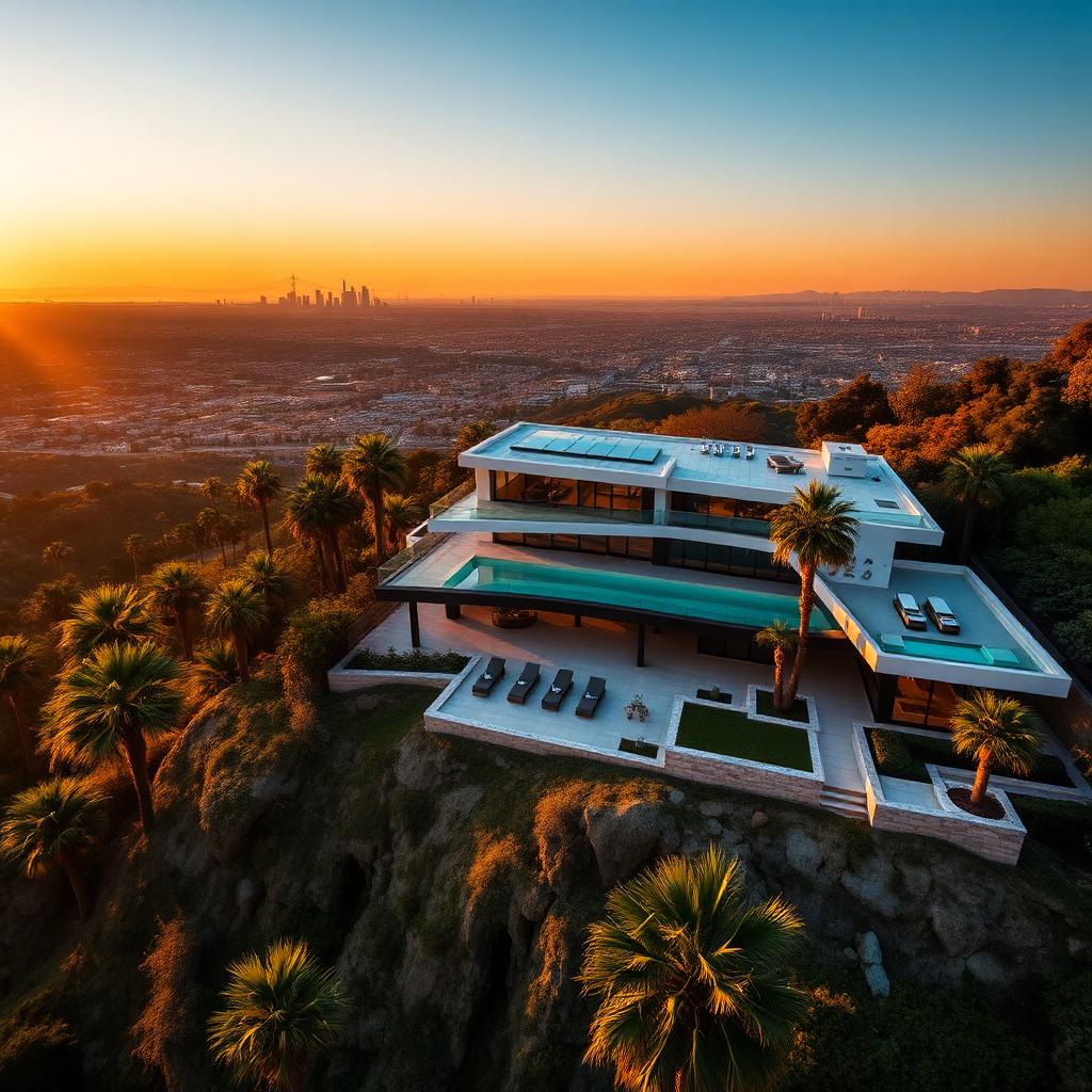 An aerial view of a modern Beverly Hills estate with infinity pool at golden hour