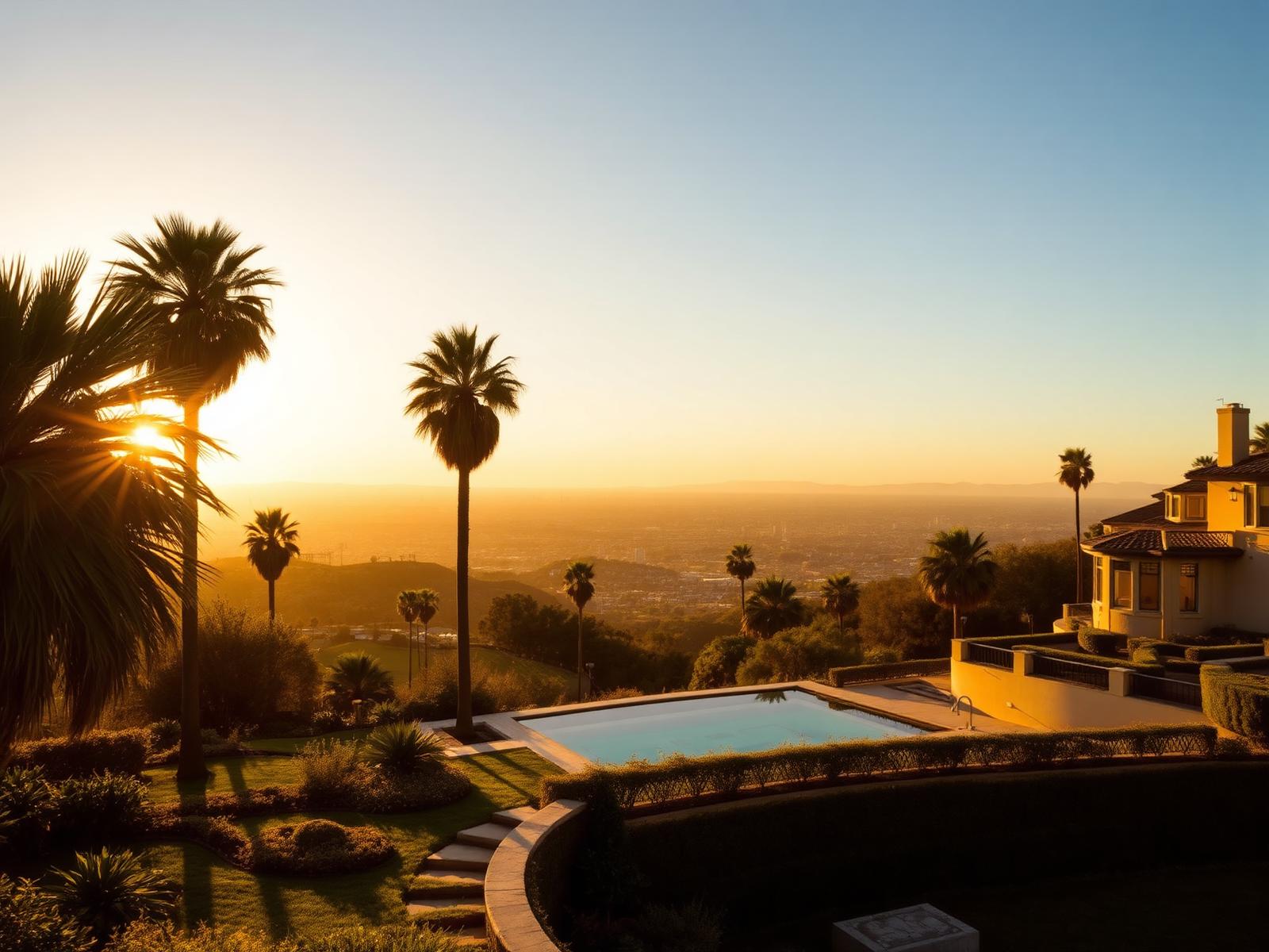 A Beverly Hills hillside estate at golden hour with palm silhouettes and a terraced pool