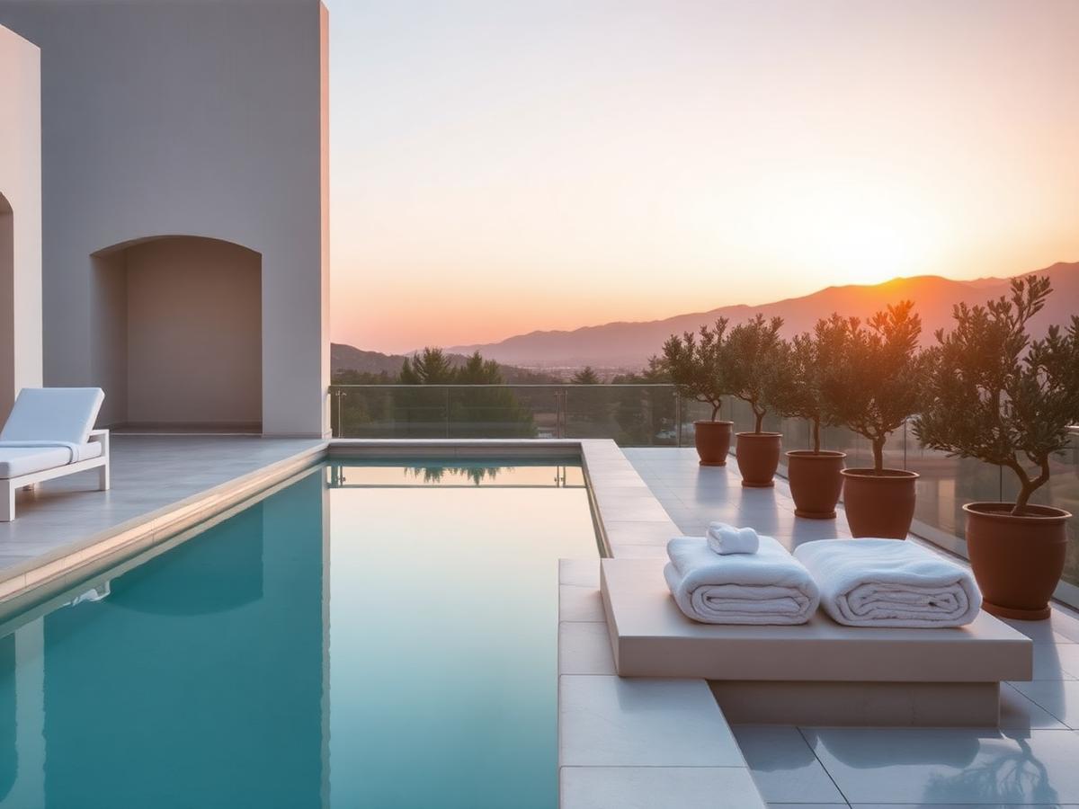 A private Beverly Hills terrace at sunrise with a plunge pool and olive trees