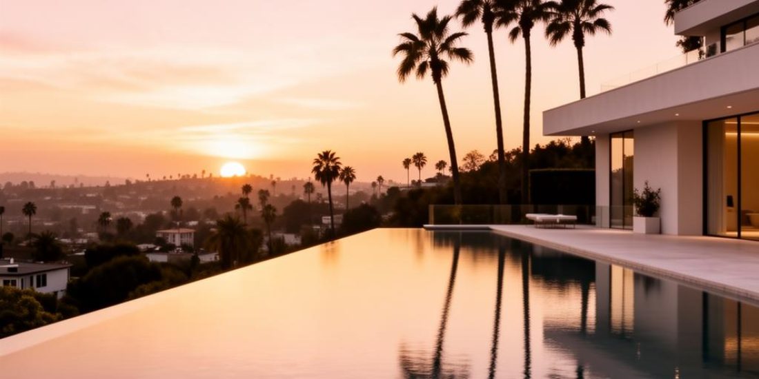 The pool terrace at dusk, where the water dissolves into the Pacific horizon.